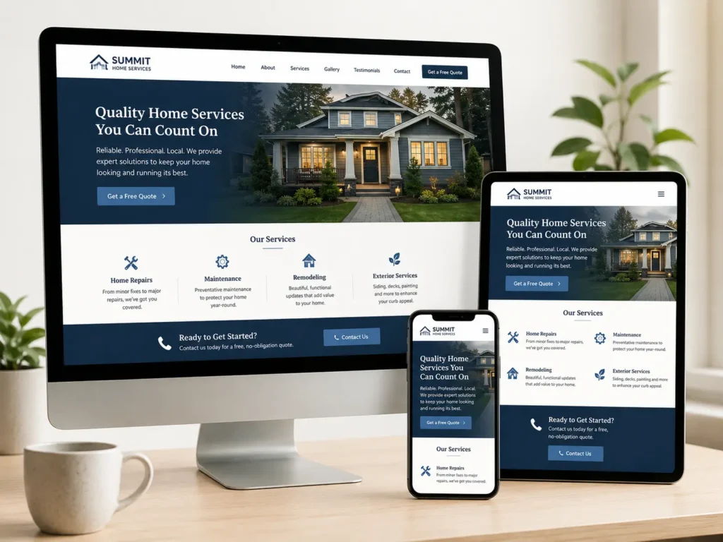 Small business website designed by an outsourced web designer displayed on desktop, tablet, and mobile screens.