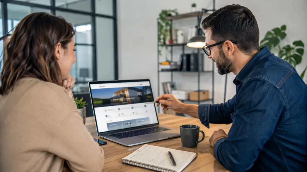 Outsourced web designer for small business reviewing a website mockup with a small business owner in a modern office.