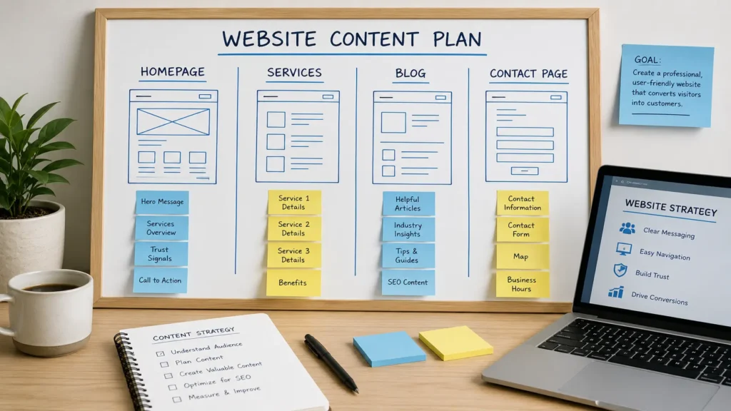 Website content planning board for a professional business website with homepage, services, blog, and contact page sections for better strategy.