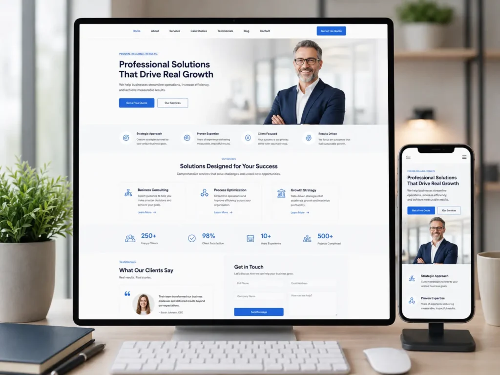 Finished professional business website displayed on desktop and mobile screens with services, testimonials, and contact form sections