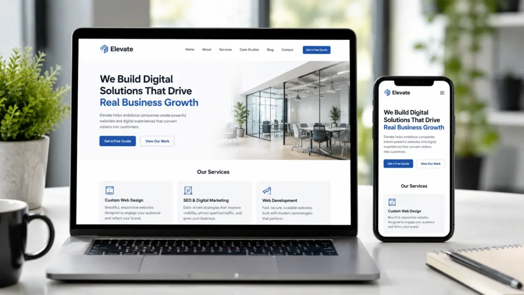 Clean professional business website displayed on a laptop and mobile phone with modern layout, clear services, and responsive web design for business growth.