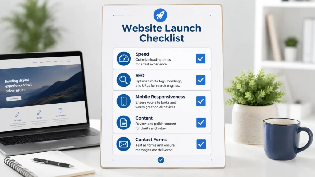 Professional business website launch checklist showing speed, SEO, mobile responsiveness, content review, and contact form testing before publishing.