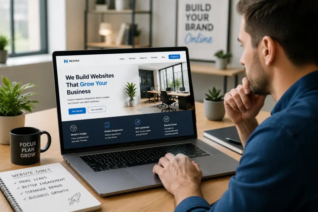 Business owner reviewing a polished website mockup created by a professional web designer for business growth.
