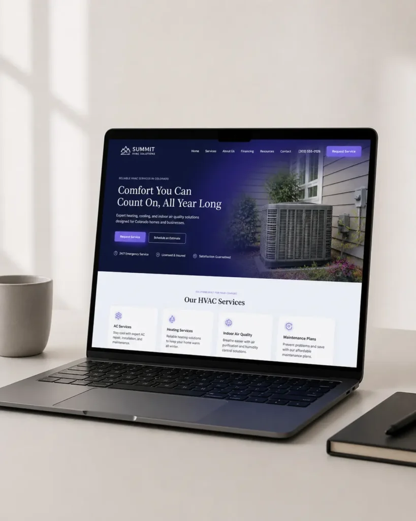 Realistic HVAC website mockup shown on a laptop in a clean minimal workspace