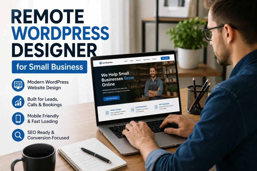 Remote WordPress designer creating a modern small business website built for leads, calls, bookings, mobile speed, and SEO.