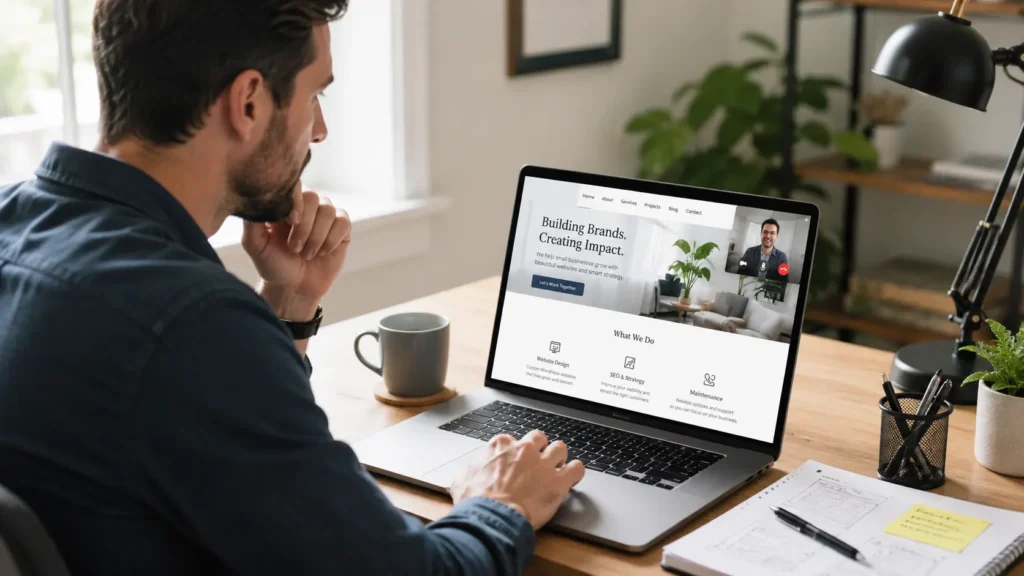 Small business owner reviewing a modern website with a remote WordPress designer for small business to improve leads, calls, bookings, and SEO.