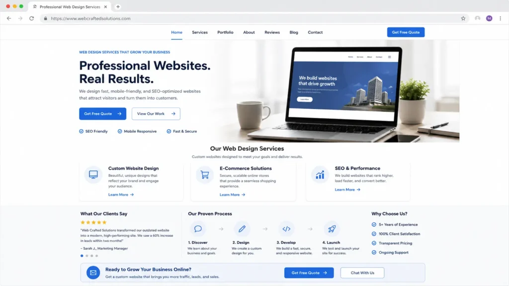 SEO-friendly homepage example with service sections and call-to-action buttons for small business website design packages.