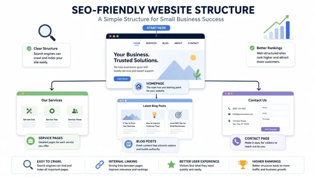 SEO-friendly website structure showing homepage, service pages, blog posts, and contact page for small business growth.