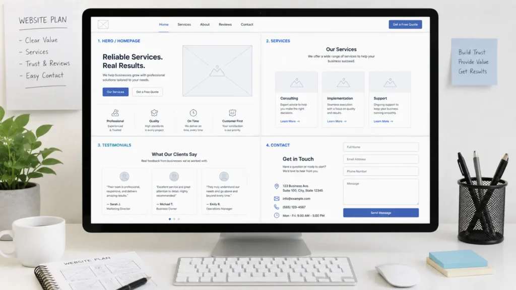 Service business website wireframe showing homepage, services page, reviews, and contact form sections