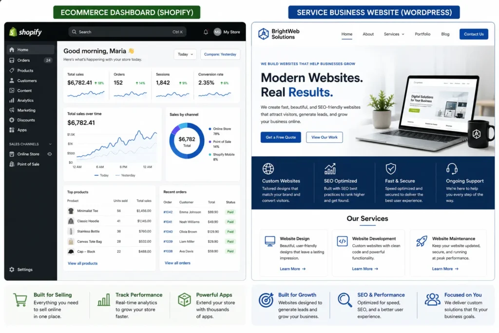 Shopify ecommerce dashboard and WordPress service business website layout showing online store analytics, custom pages, SEO features, and lead generation tools.