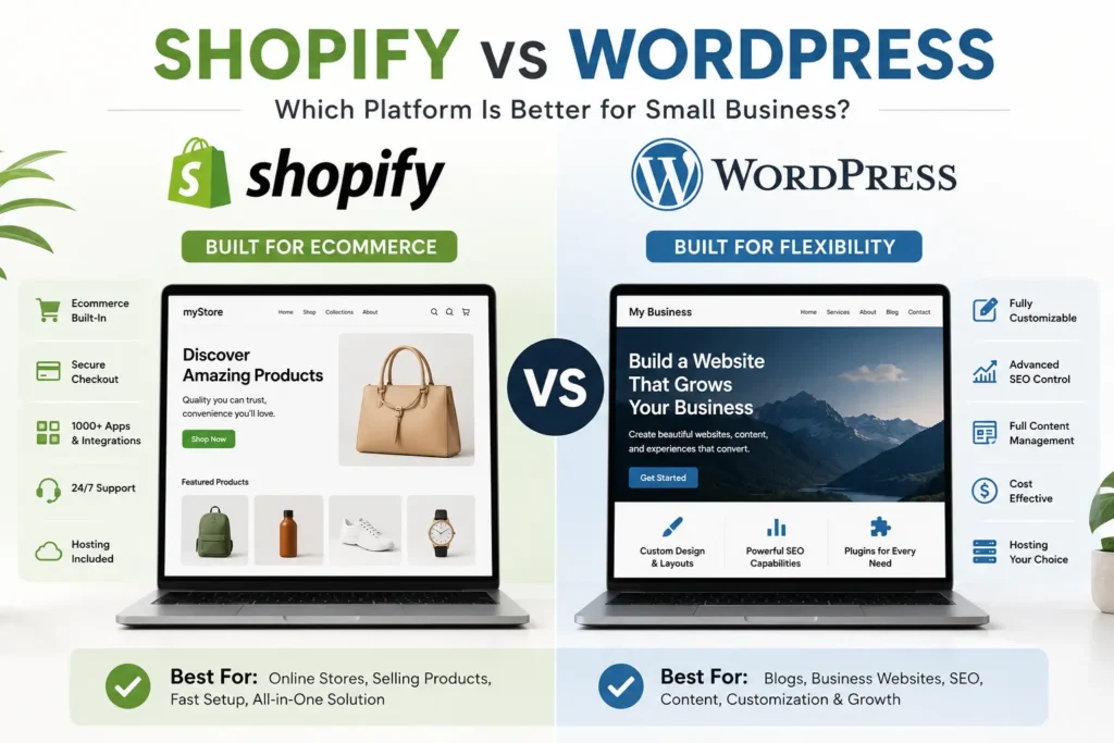 Shopify vs WordPress for small business comparison showing ecommerce tools, website customization, SEO control, hosting, and platform flexibility.