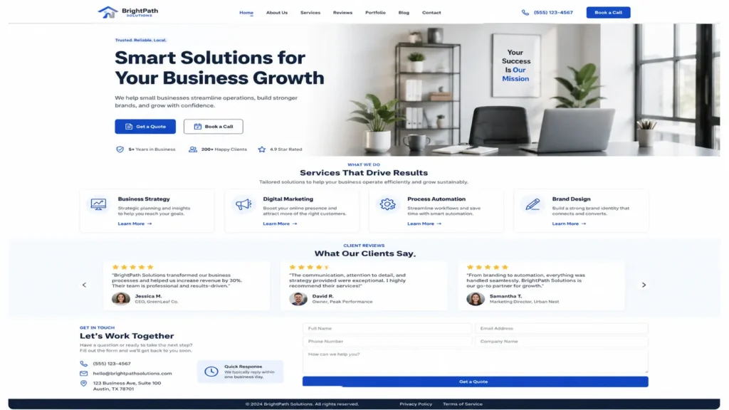 Small business homepage design with CTA buttons, service cards, client reviews, and contact form for more leads.
