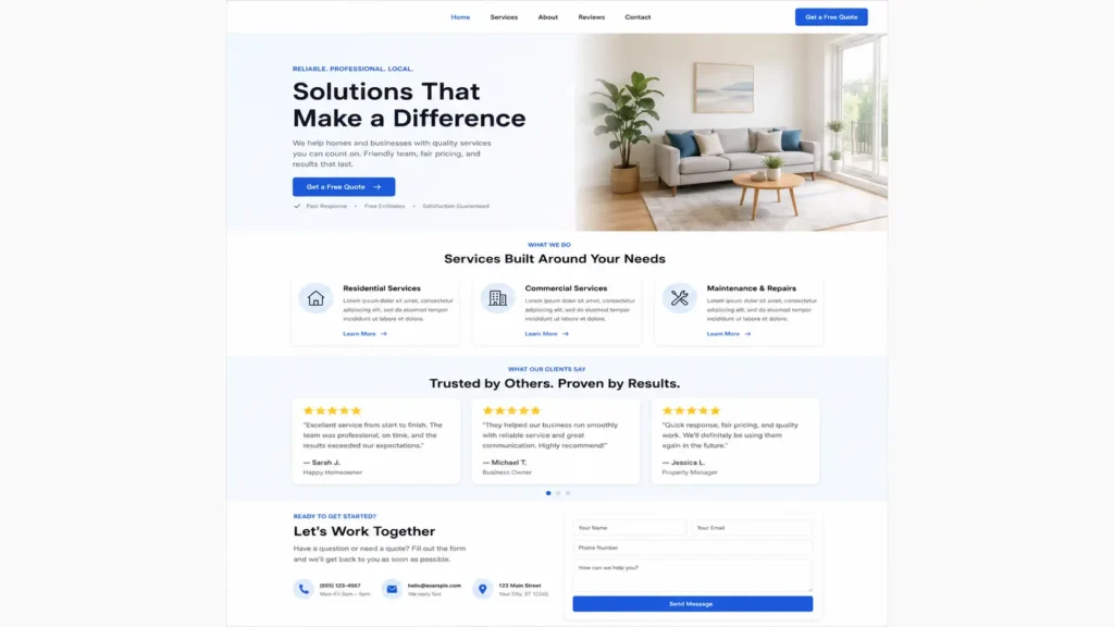 small business homepage design showing hero services reviews and contact call to action