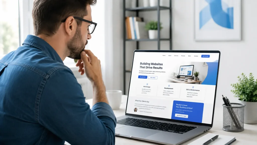 Small business owner reviewing a modern website mockup on a laptop for remote web design, lead generation, mobile layout, and SEO improvements.