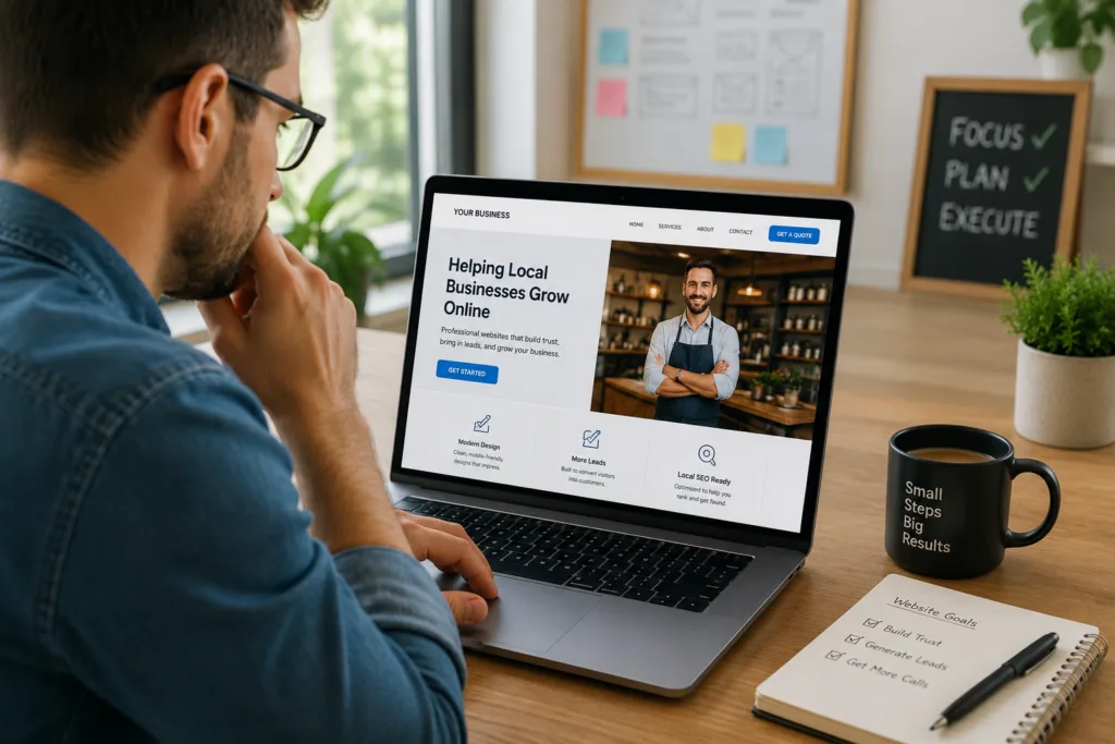 Small business owner reviewing a website mockup created by a remote web designer for small business to improve trust, leads, and online growth.