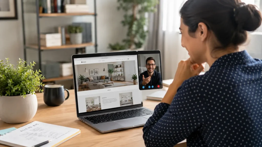 Small business owner reviewing a new website on a laptop during a video call with a virtual web designer for small business.