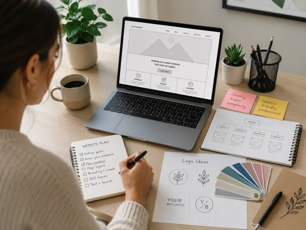 Small business owner using a website planning checklist for small business while planning a website layout, branding ideas, and SEO notes on a laptop.