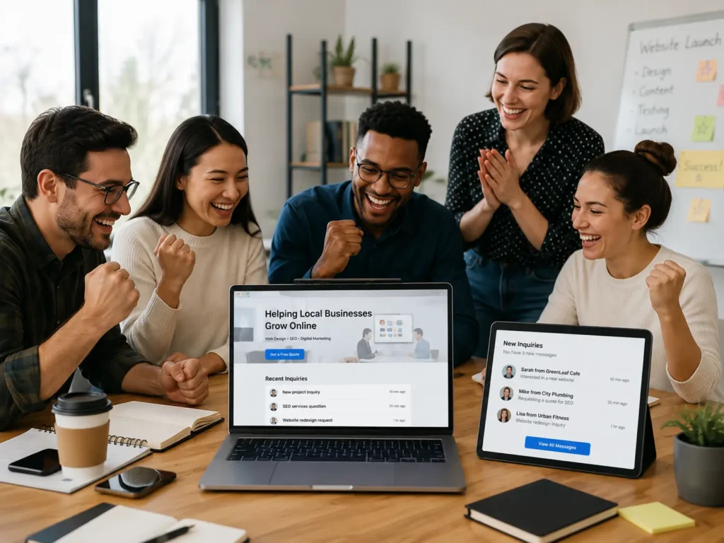 Small business team celebrating a new website launch and online inquiries after working with a web designer for local business growth.