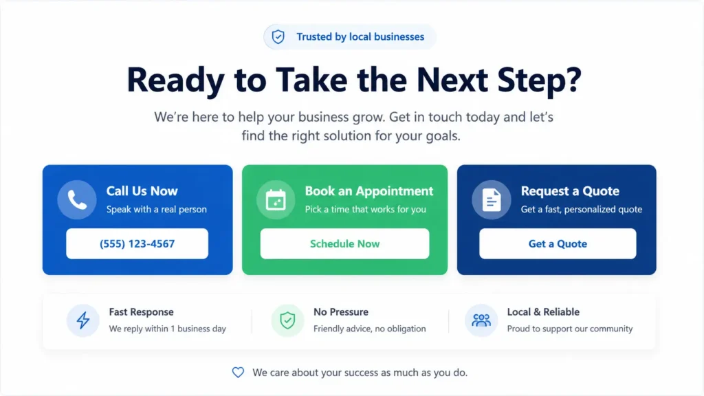 Small business website call to action section with phone, booking, and quote buttons designed to increase calls, bookings, leads, and customer inquiries.