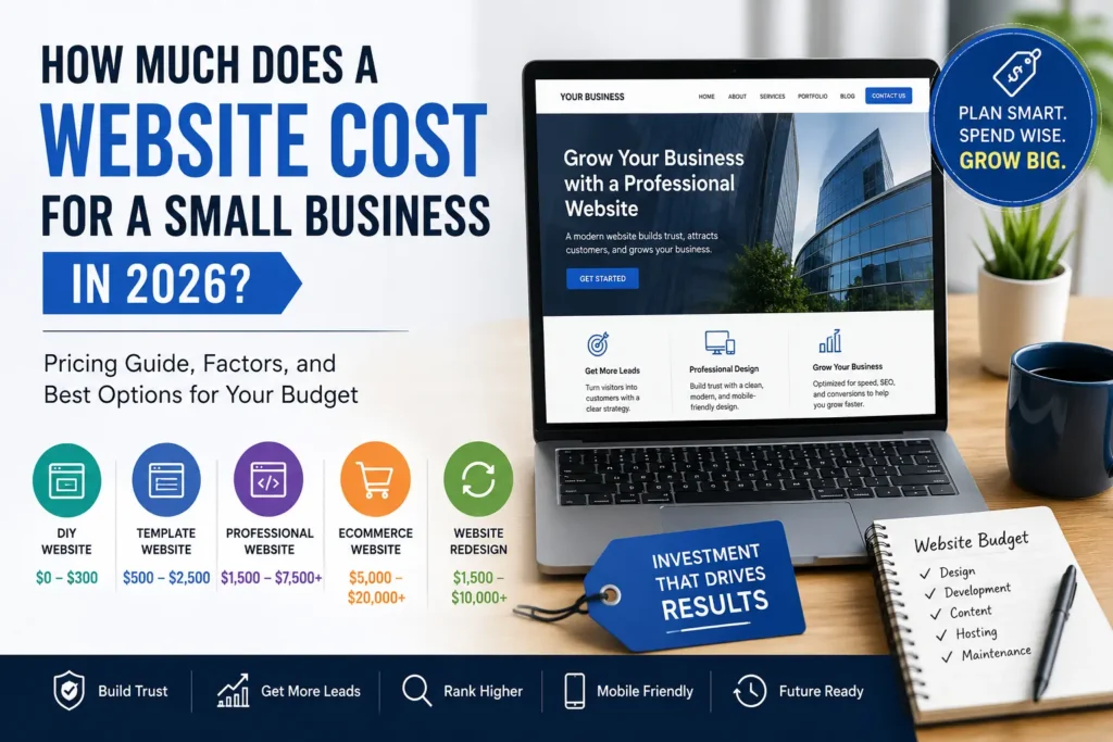Small business website cost guide for 2026 showing website pricing tiers, professional design options, and budgeting factors.