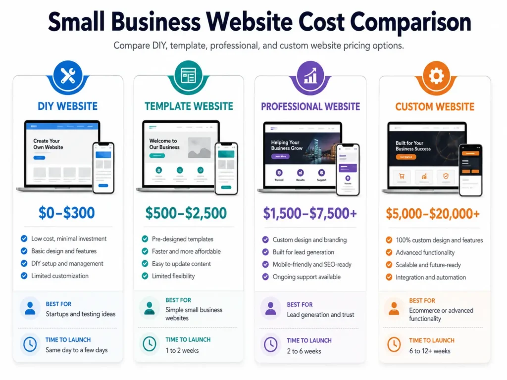 Small business website cost comparison showing DIY, template, professional, and custom website pricing options for business owners.