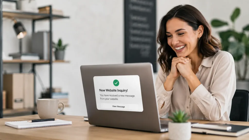 Small business owner receiving a new website inquiry notification after using an online web designer for small business leads.