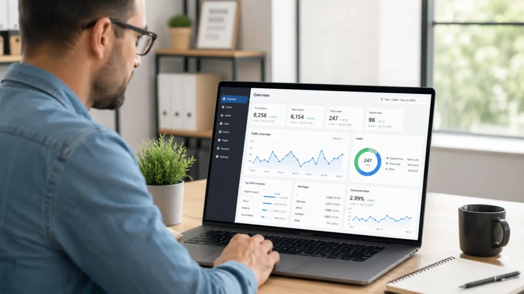 Small business website performance and lead tracking dashboard showing traffic, conversions, and customer inquiries.