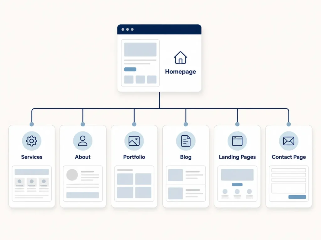 Sitemap graphic for a website planning checklist for small business showing homepage, services, about, portfolio, blog, landing pages, and contact page.