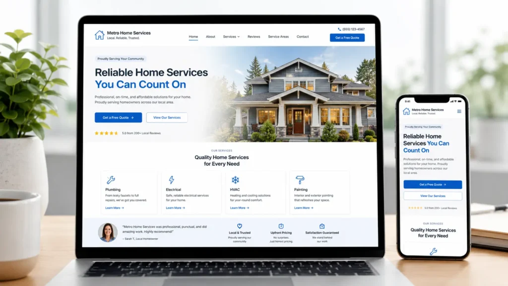 Clean homepage mockup for a small business wordpress site showing a local service business website design on desktop and mobile screens.