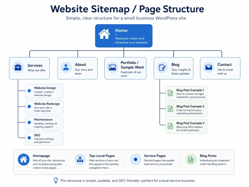 Simple sitemap and page structure diagram for a small business wordpress site showing homepage, services, about, portfolio, blog, and contact pages.