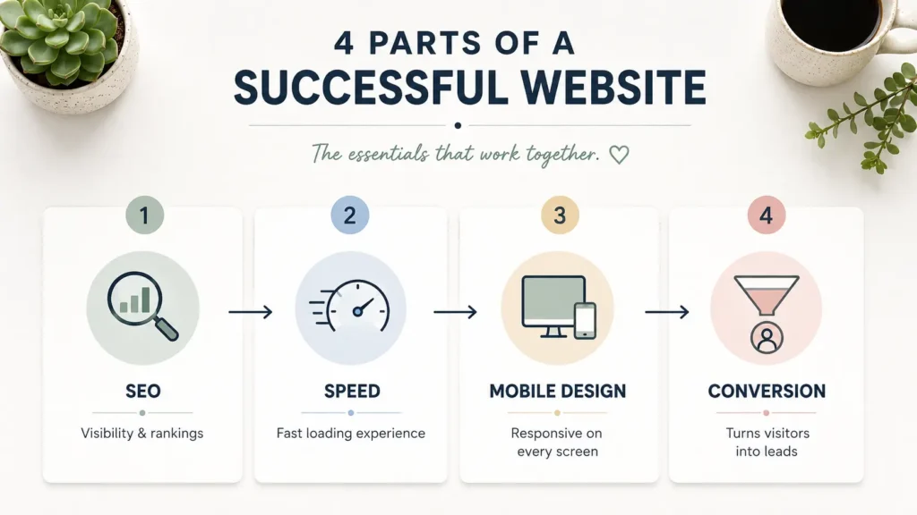 Simple graphic showing SEO, speed, mobile design, and conversion as four key parts of a successful website.