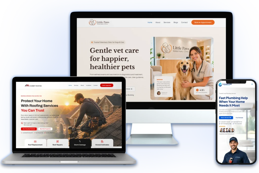 Responsive web design for small business with website mockups for veterinary, roofing, and local service businesses