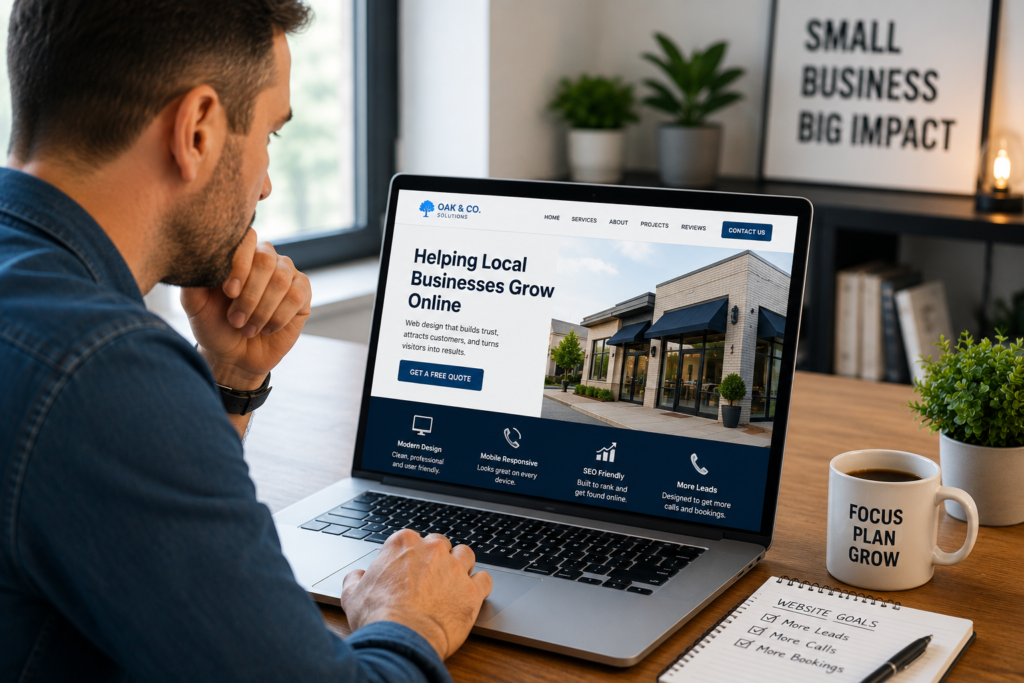 Web design services for US business owners showing a small business owner reviewing a modern website built to increase leads, calls, and bookings.