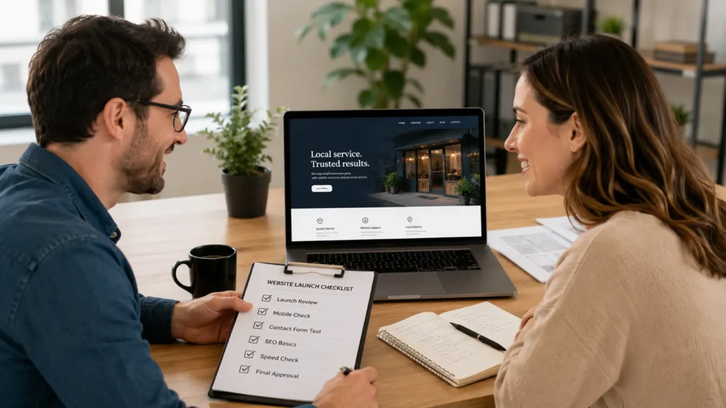web designer and business owner reviewing a final website launch checklist on a laptop