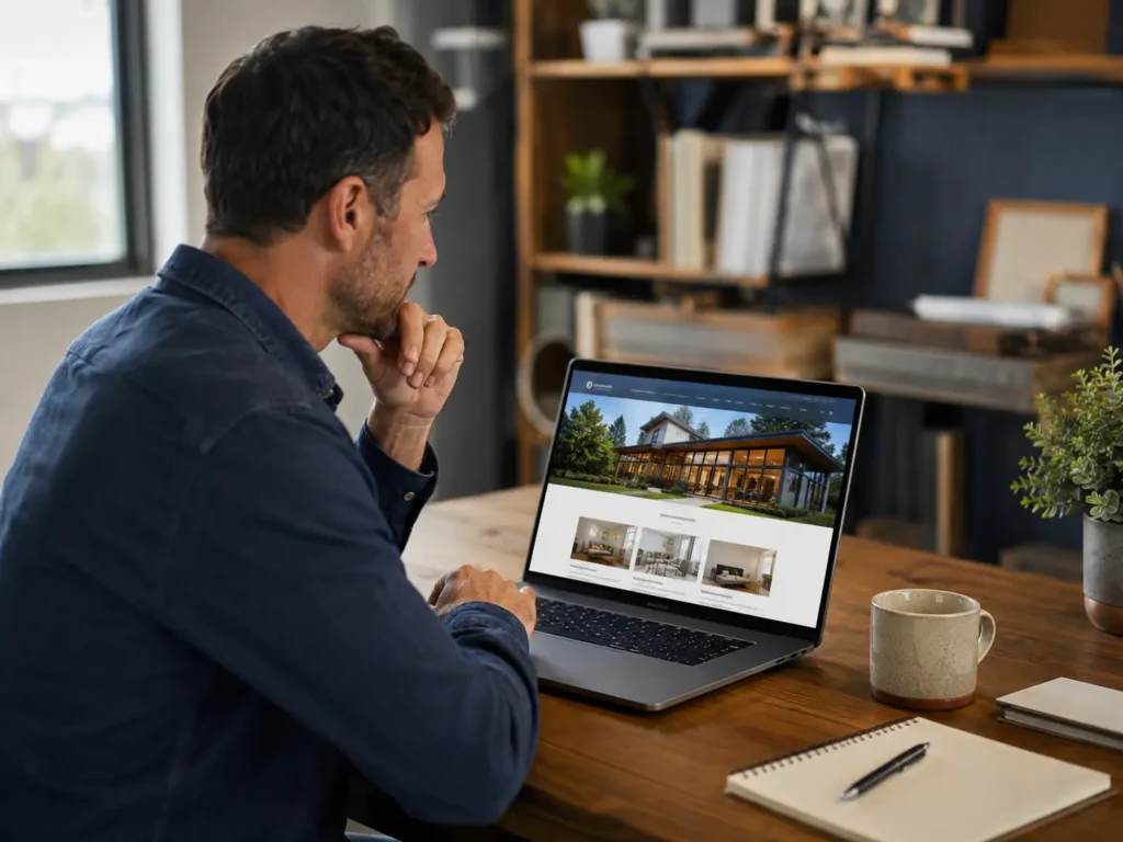 Local business owner reviewing a website on a laptop while choosing a web designer for local business lead generation and online growth.