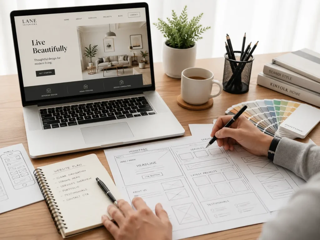 Web designer planning a professional website layout with wireframes, brand color swatches, website strategy notes, and a laptop screen showing a modern homepage design.