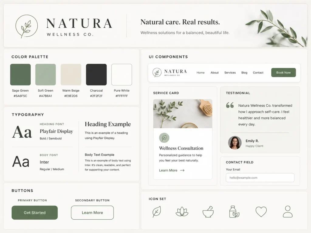 Website branding kit with color palette, font choices, buttons, icons, and UI components for a small business website design.