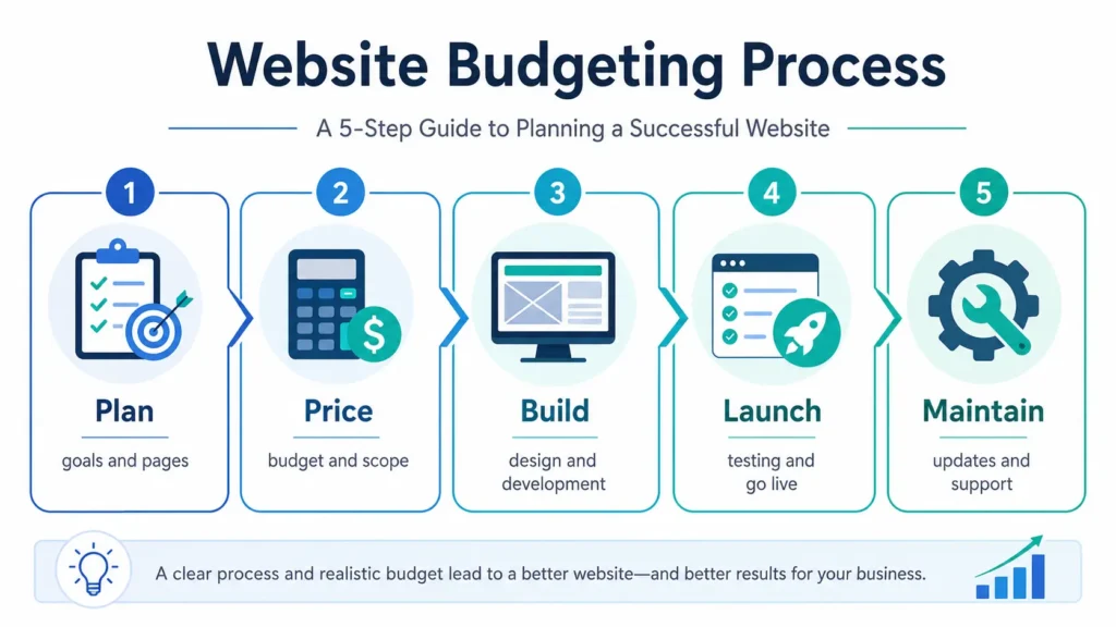 Website budgeting process infographic showing the Plan, Price, Build, Launch, and Maintain steps for a small business website.