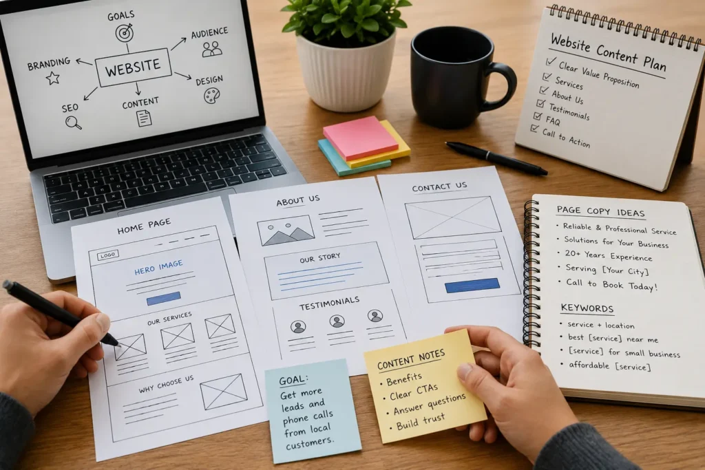 Website content planning for small business project with wireframes, notes, page copy ideas, SEO keywords, and call to action strategy.