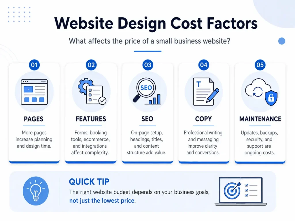 Website design cost factors for small businesses including pages, features, SEO, copywriting, and maintenance.
