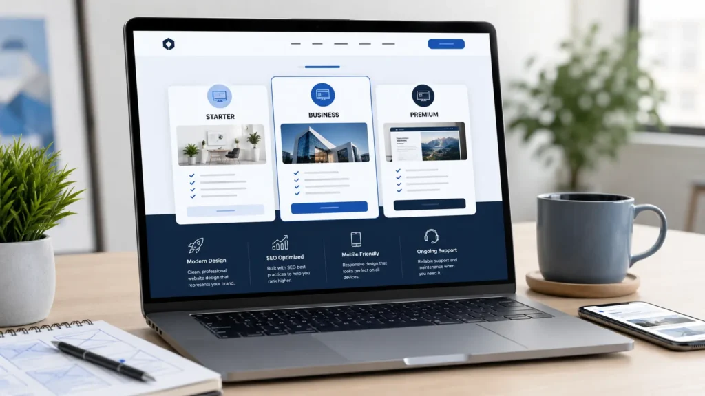 Website design packages for small business owners comparing starter, business, and premium web design plans on a laptop screen.