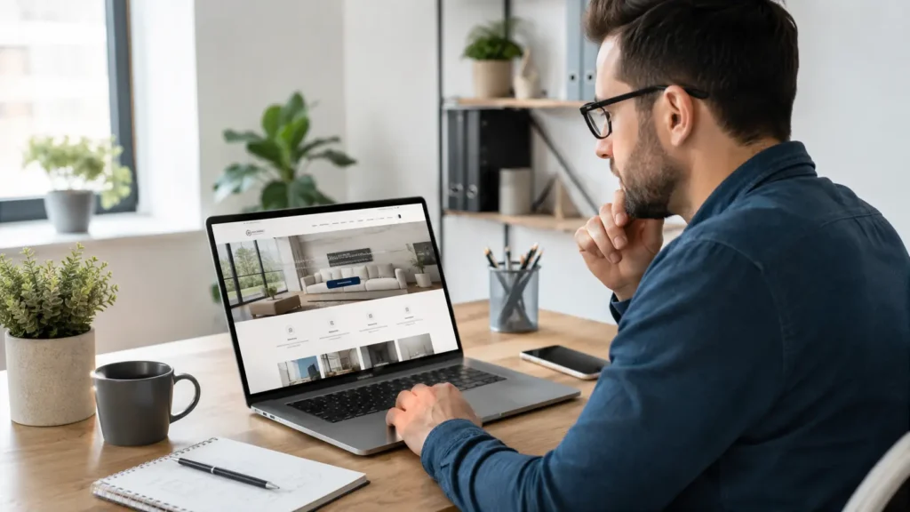 Small business owner reviewing a laptop website mockup while comparing website design packages for a professional business website.