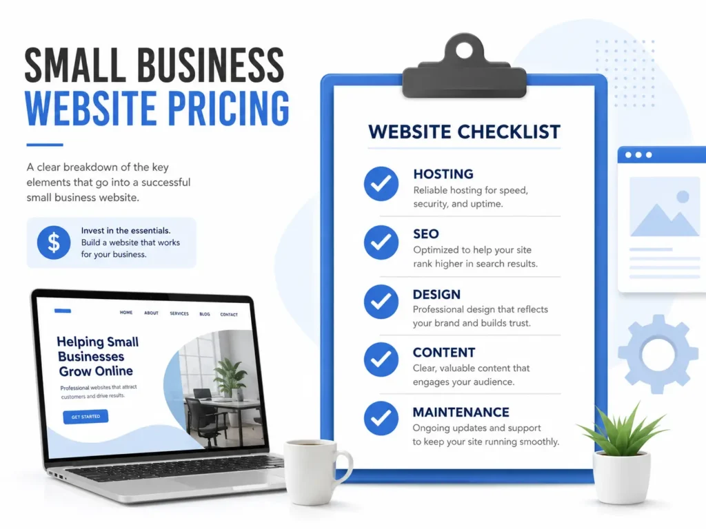 Website design pricing for small business checklist showing hosting, SEO, design, content, and maintenance items checked off