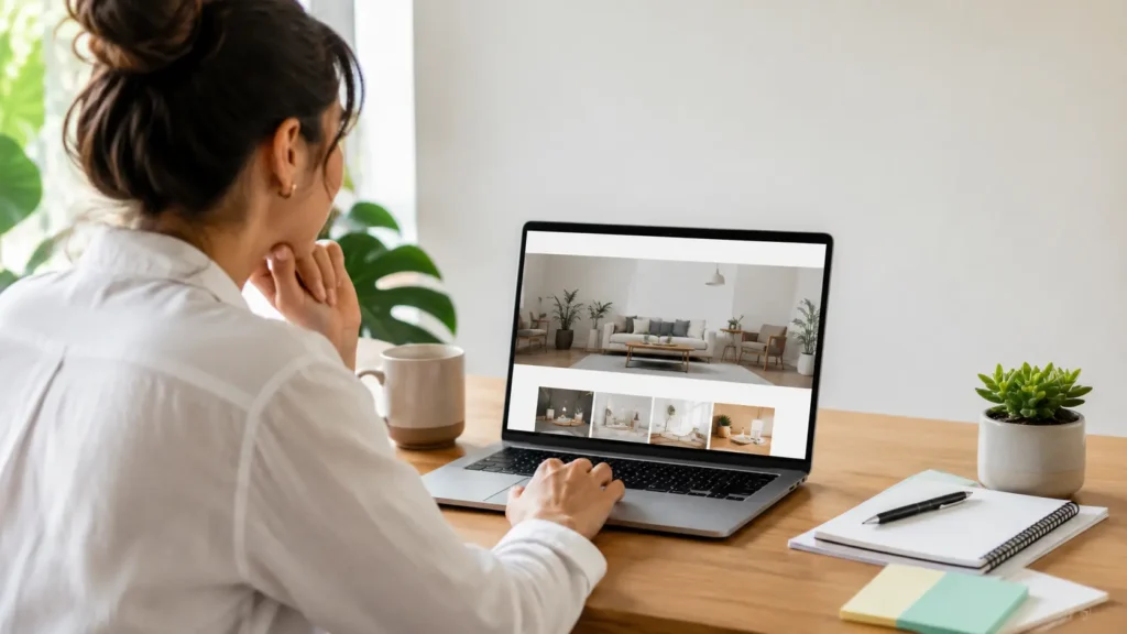 Small business owner reviewing website design pricing for small business on a laptop with a clean website mockup