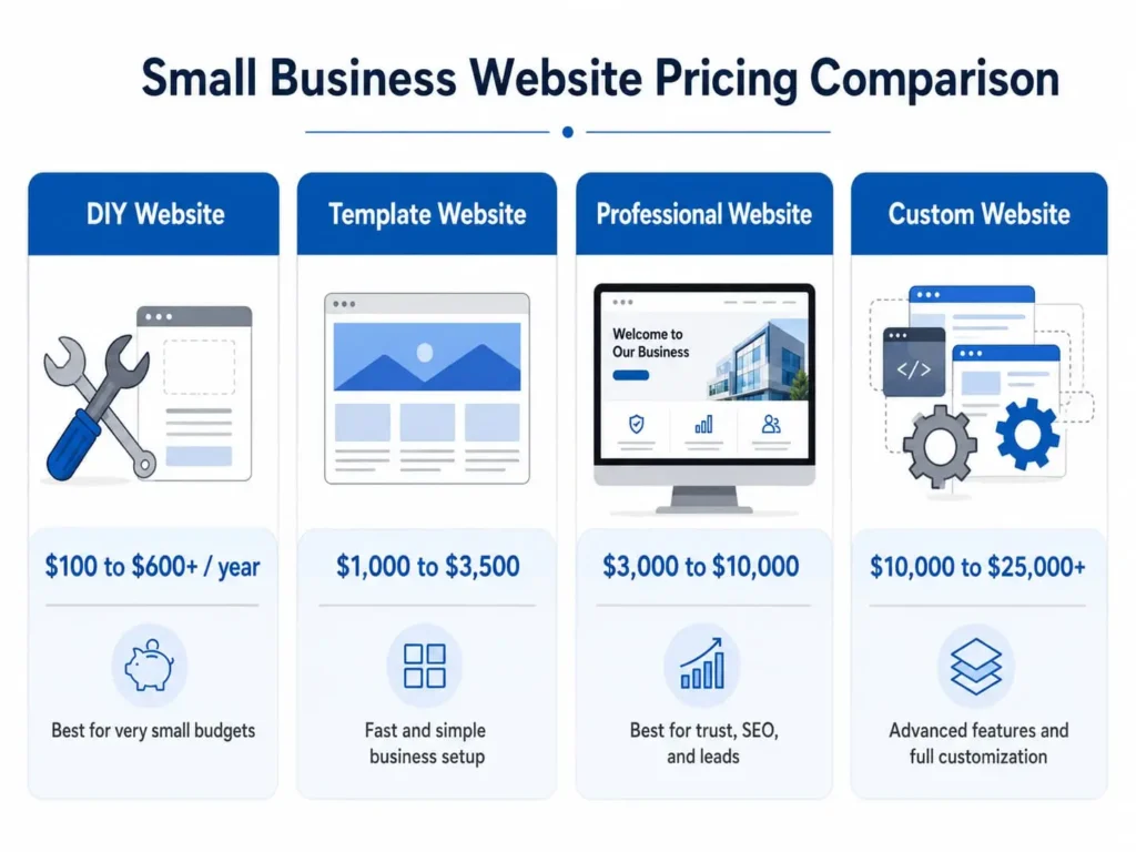 Pricing comparison chart for website design pricing for small business with DIY, template, professional, and custom website options