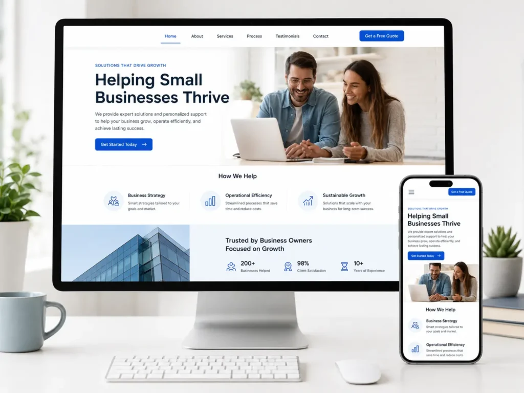 Website design pricing for small business homepage displayed on desktop and mobile screens