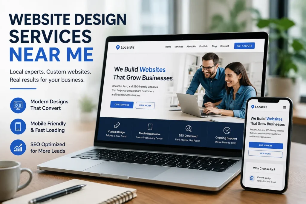 Website design services near me showing a modern responsive website on laptop and mobile for local business growth.