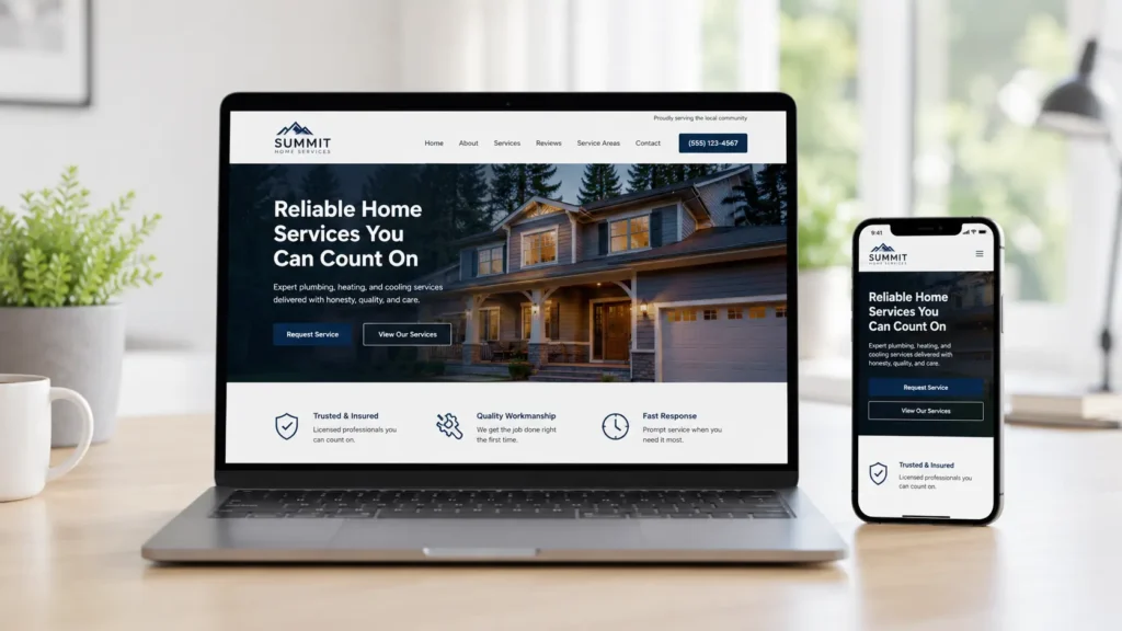 Website design services near me shown through a clean local business website design on laptop and mobile.