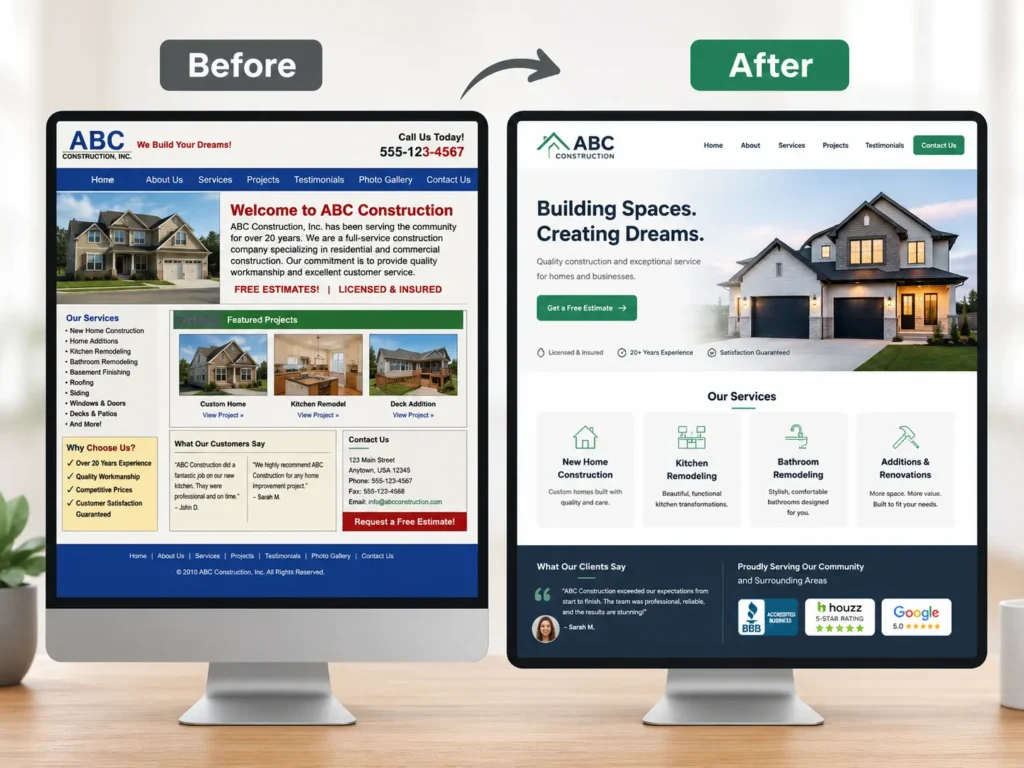 and after website redesign comparison showing an outdated homepage transformed into a website design that looks professional with modern layout, clear navigation, and strong call-to-action.