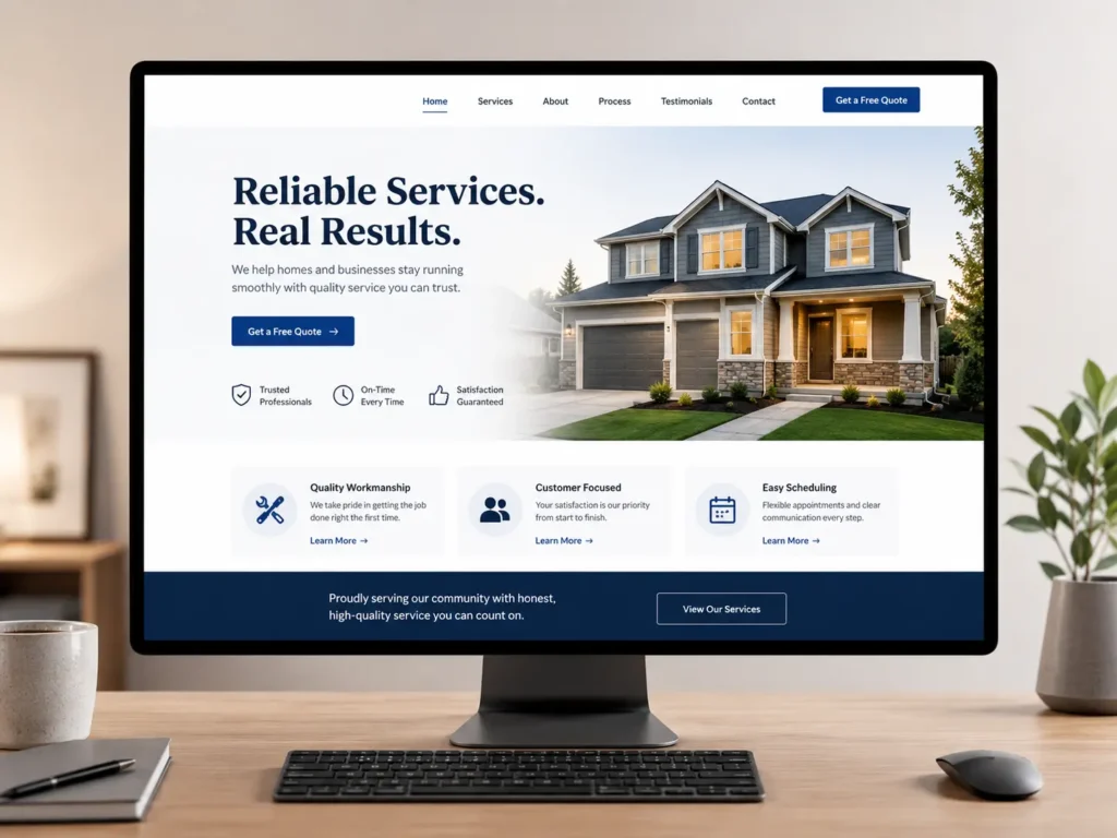 Clean homepage mockup showing a website design that looks professional with a strong headline, clear navigation menu, trust icons, and call-to-action button.